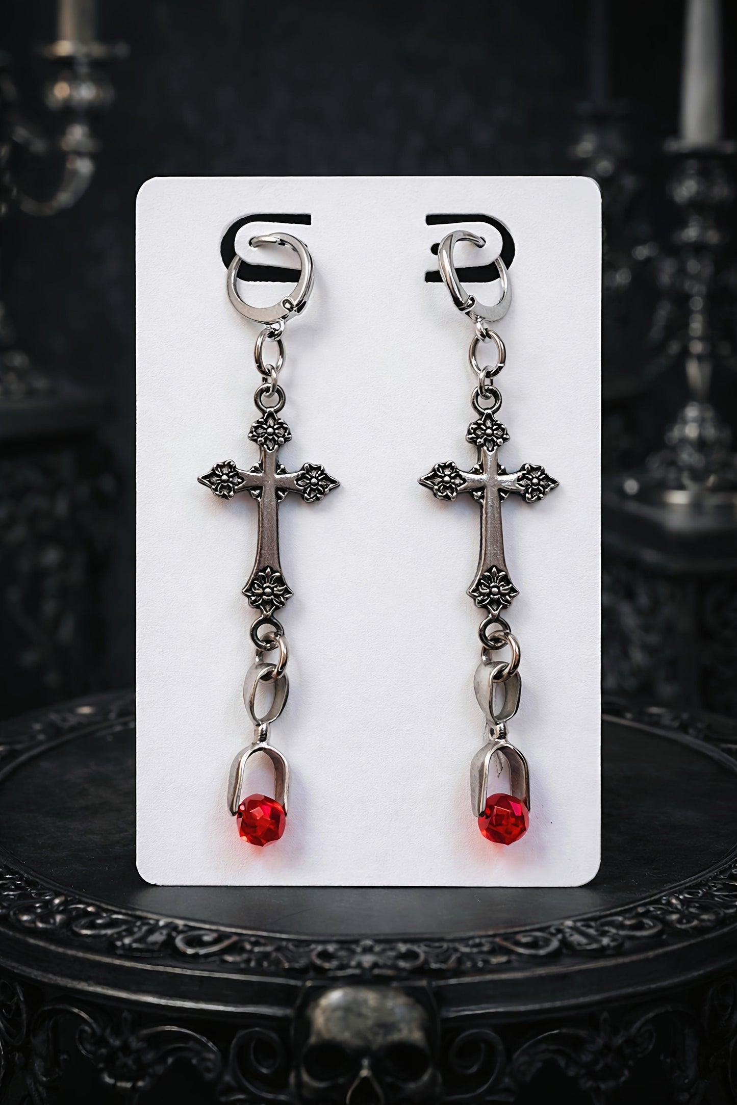 Sanguine Ruby Cross Drop Earrings