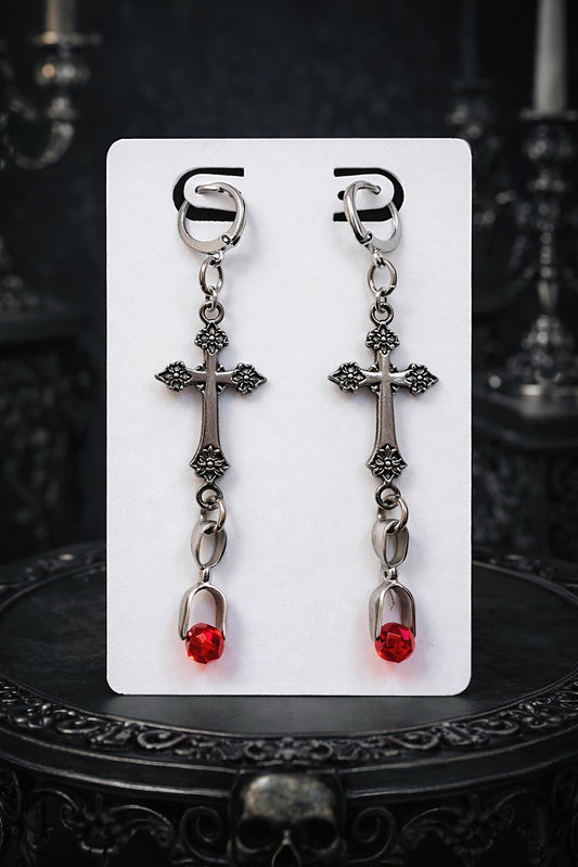 Sanguine Ruby Cross Drop Earrings